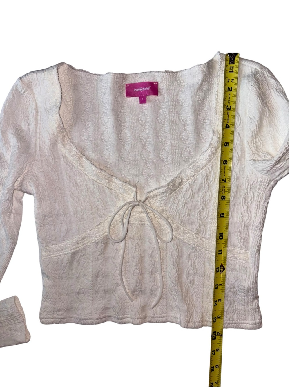 Edikted White Textured Tie Front Crop Top Long Sleeve Size S - Picture 9 of 11